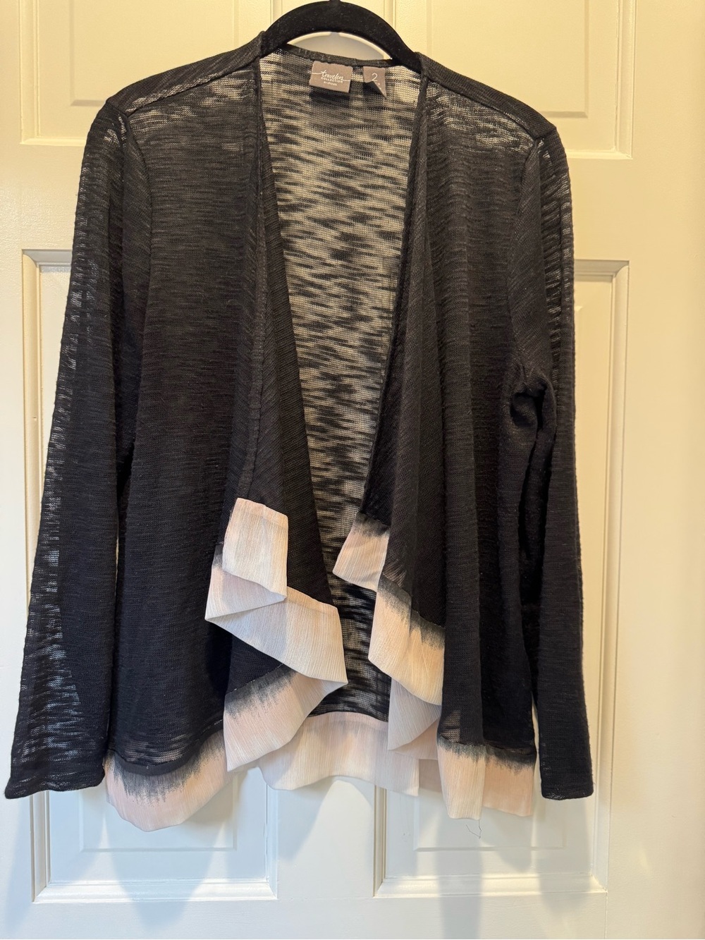 Chico's Black Open-Front Cardigan with Cream Dip-Dye Ruffle